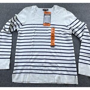 Kirkland Signature Sweater Womens XXL‎ White Navy Striped Crewneck New